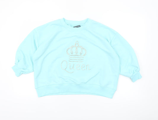 Fashion House Women Blue Crew Neck Pullover Sweatshirt Rhinestone Queen Design Size M