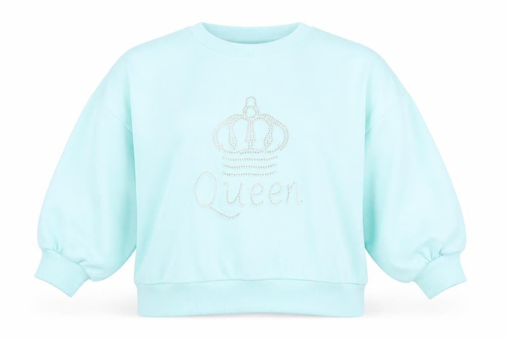Fashion House Women Blue Crew Neck Pullover Sweatshirt Rhinestone Queen Design Size M