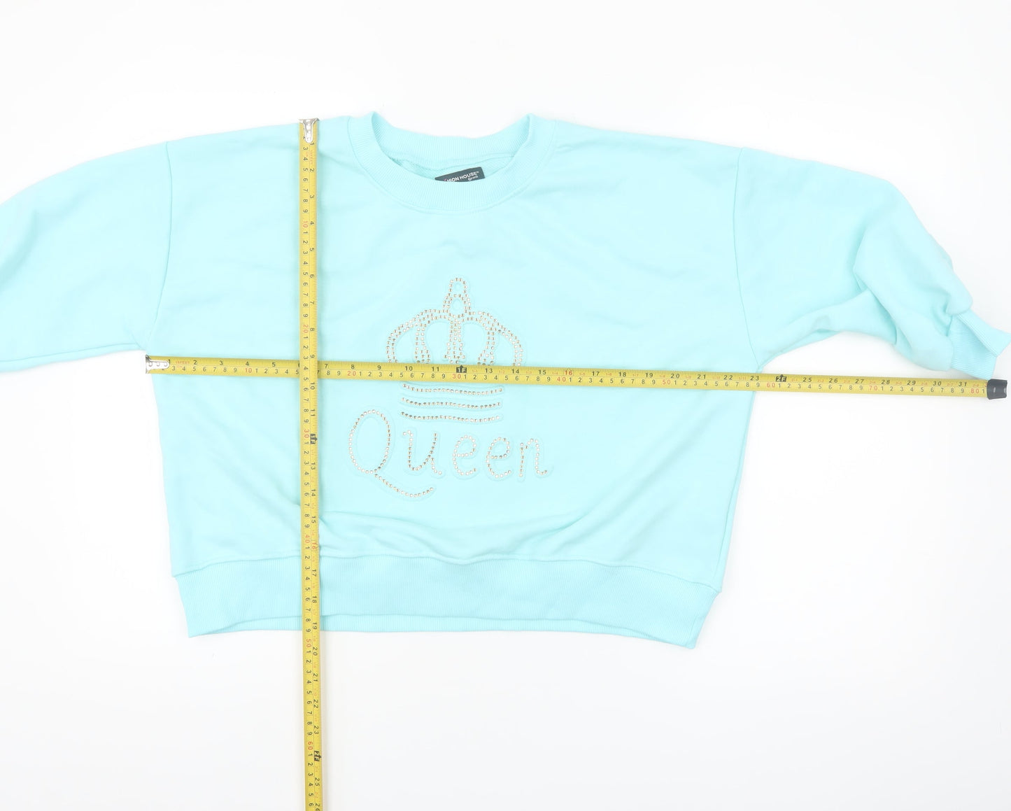 Fashion House Women Blue Crew Neck Pullover Sweatshirt Rhinestone Queen Design Size M