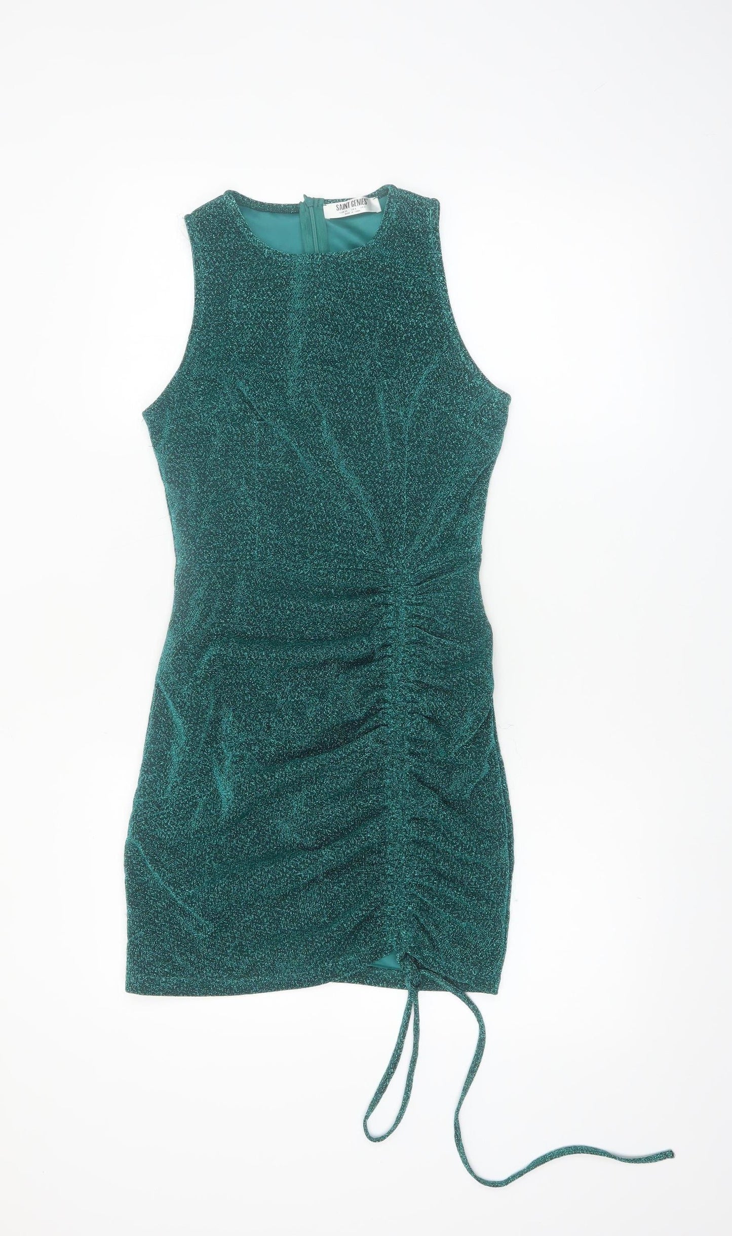 Saint Genies Women’s Green Glitter Ruched Bodycon Sleeveless Dress UK 6