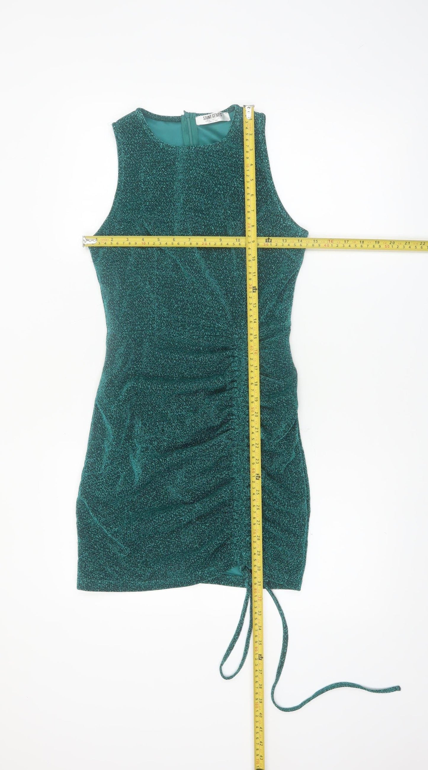 Saint Genies Women’s Green Glitter Ruched Bodycon Sleeveless Dress UK 6