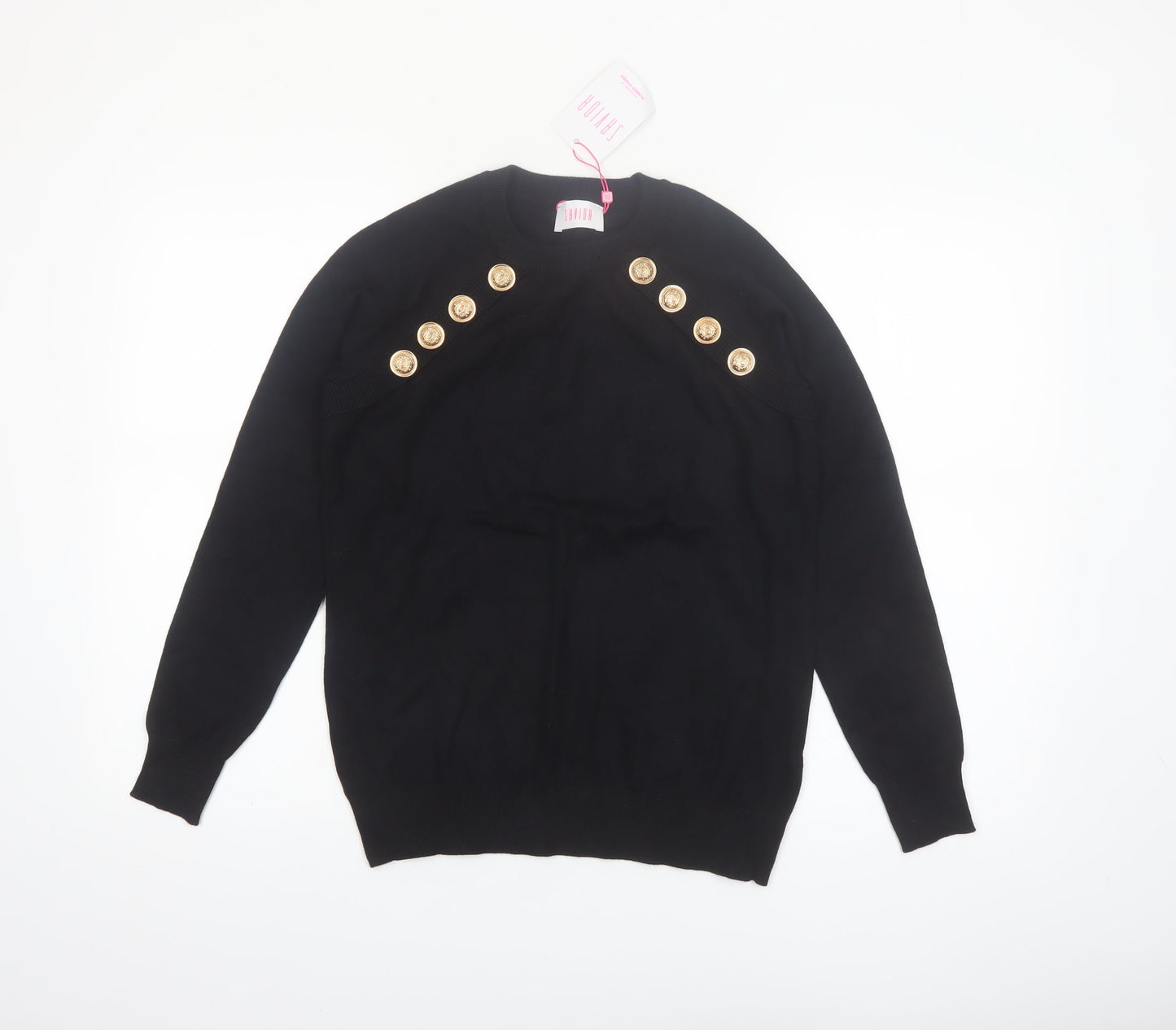 Savida Women Black Button Shoulder Crew Neck Pullover Jumper Size 14