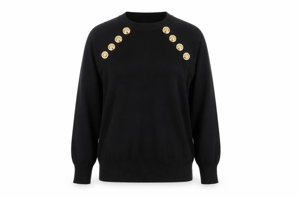 Savida Women Black Button Shoulder Crew Neck Pullover Jumper Size 14