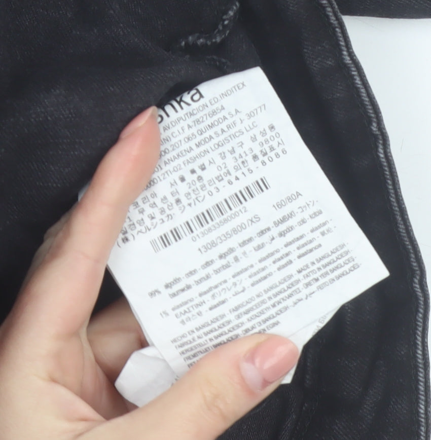 Bershka Women Black Denim Basic Jacket XS Collared Button Casual