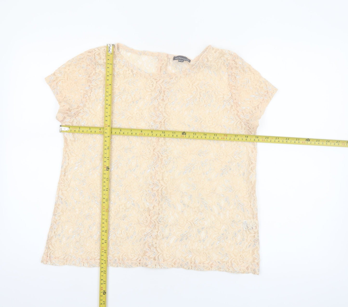 Warehouse Women's Beige Lace Short Sleeve Blouse UK 14