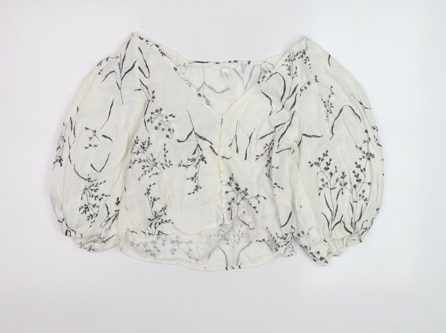 H&M Women’s White Floral Linen Blend Cropped Puff Sleeve Blouse Size 8