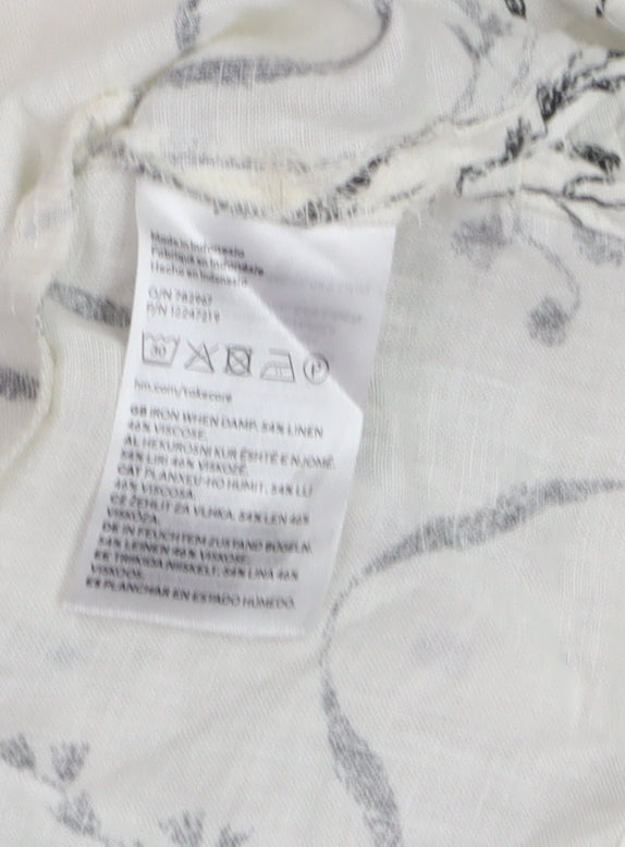 H&M Women’s White Floral Linen Blend Cropped Puff Sleeve Blouse Size 8