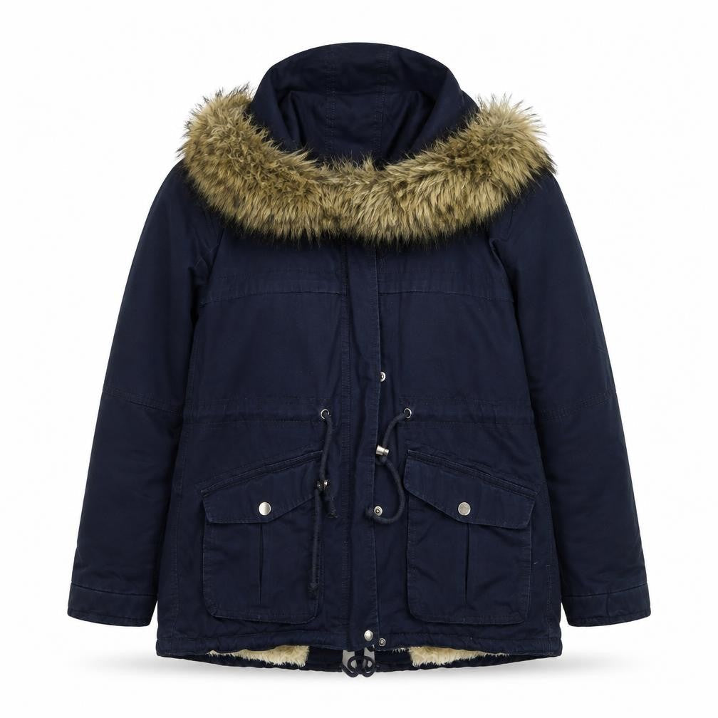 H&M Divided Women's Blue Faux Fur Hooded Parka Jacket Size 8