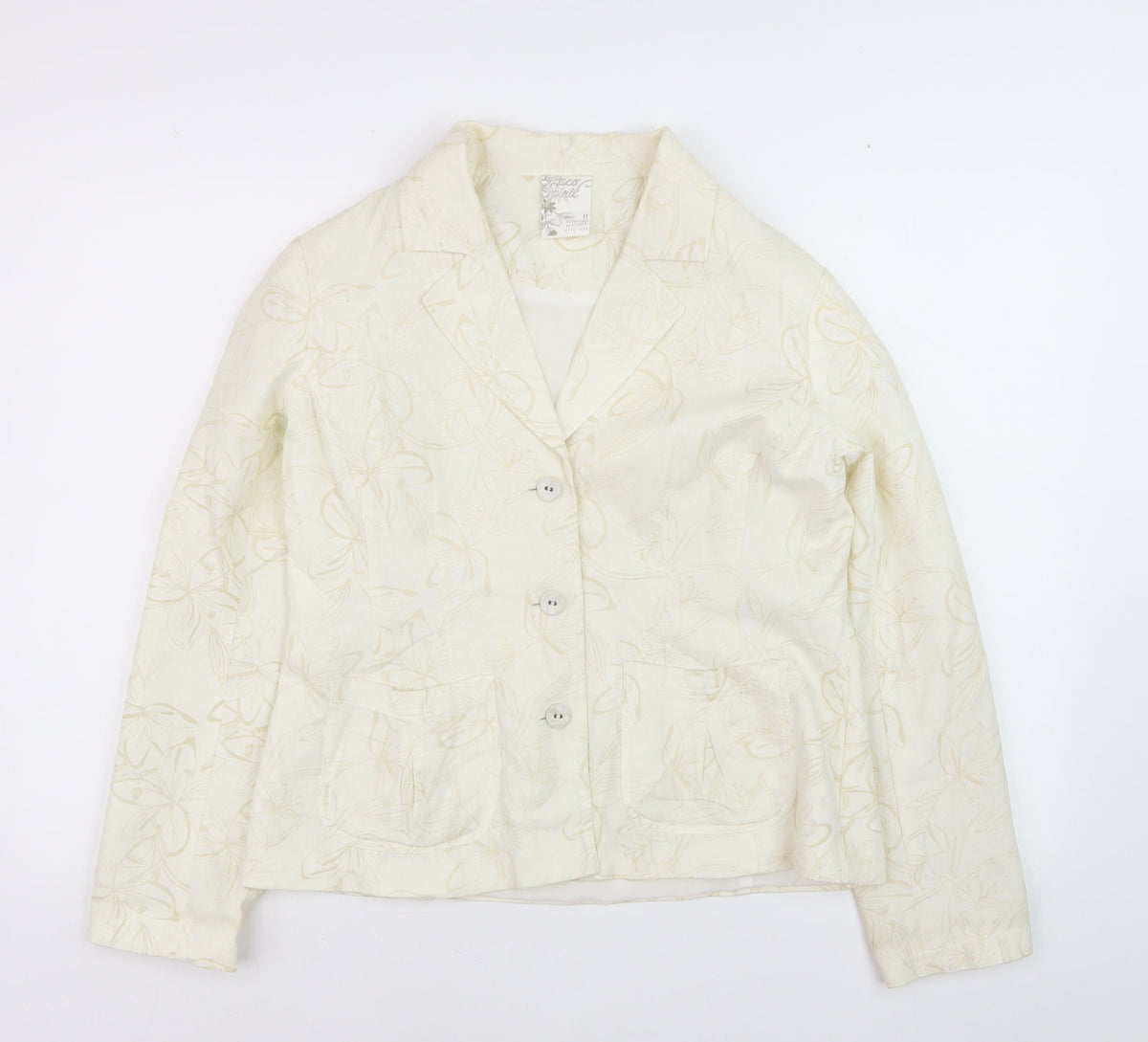Paco Spirit Women Ivory Floral Blazer Jacket M Linen Blend