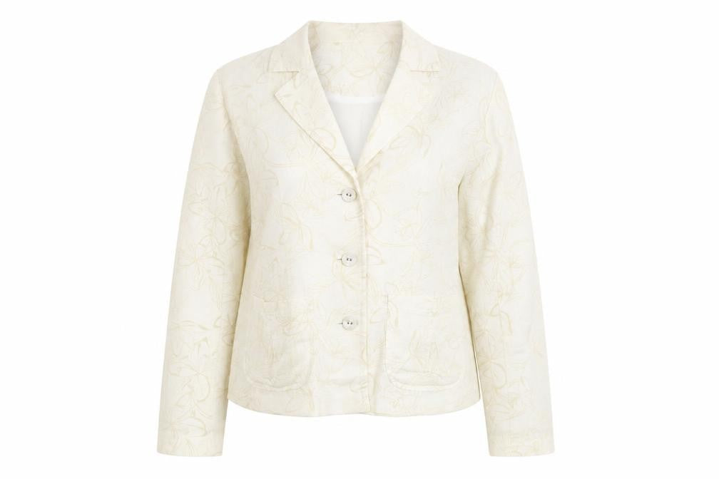 Paco Spirit Women Ivory Floral Blazer Jacket M Linen Blend