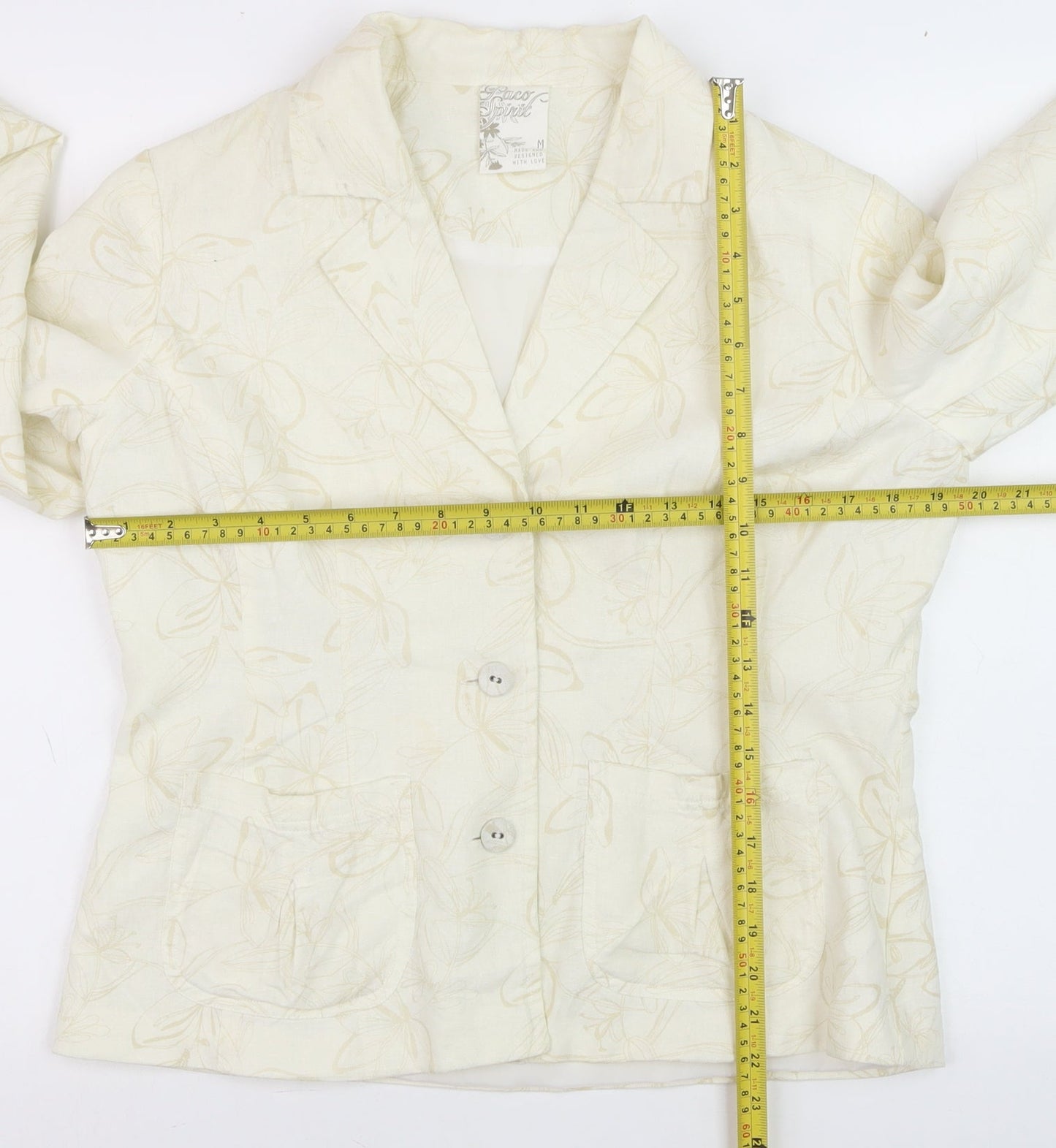 Paco Spirit Women Ivory Floral Blazer Jacket M Linen Blend