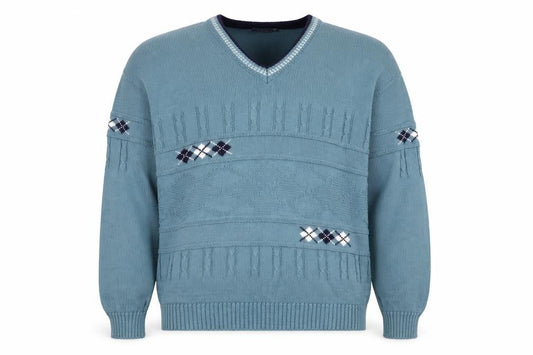 Greenwoods Men’s Blue Argyle Knit V-Neck Pullover Jumper XL