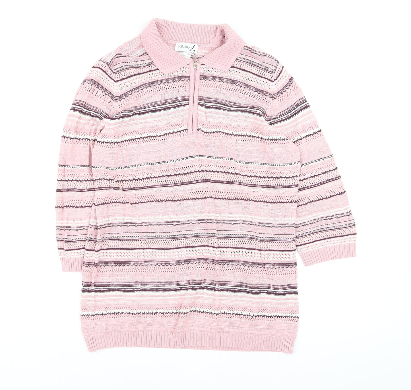 Collection L Women's Pink Striped Collared 3/4 Sleeve Knit Jumper Size 16