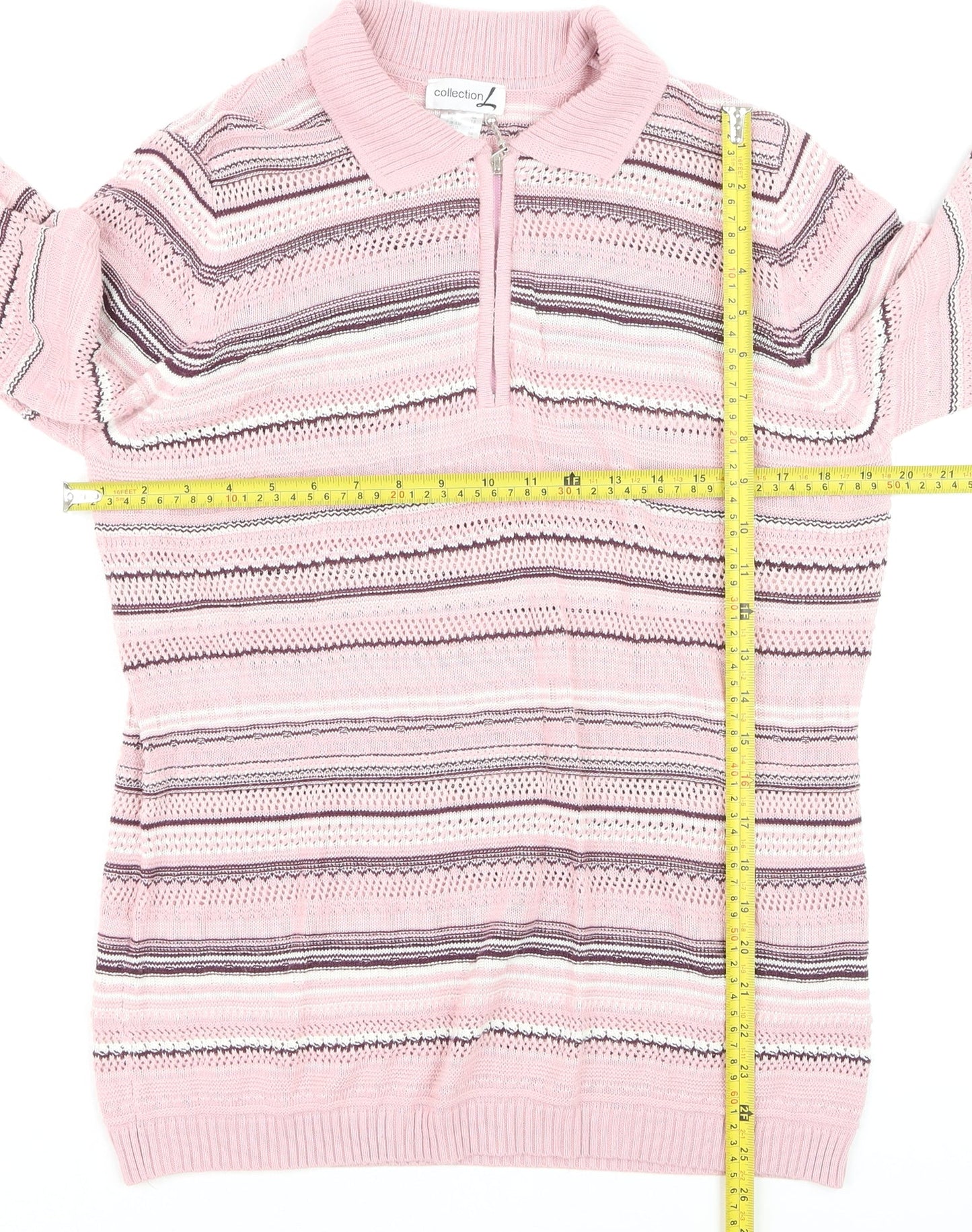 Collection L Women's Pink Striped Collared 3/4 Sleeve Knit Jumper Size 16