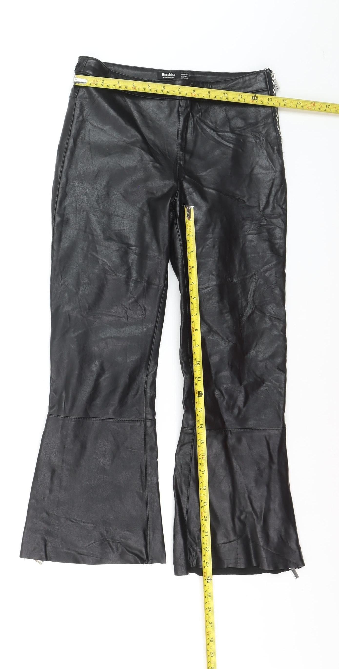 Bershka Women’s Black Faux Leather Flared Trousers Size 6