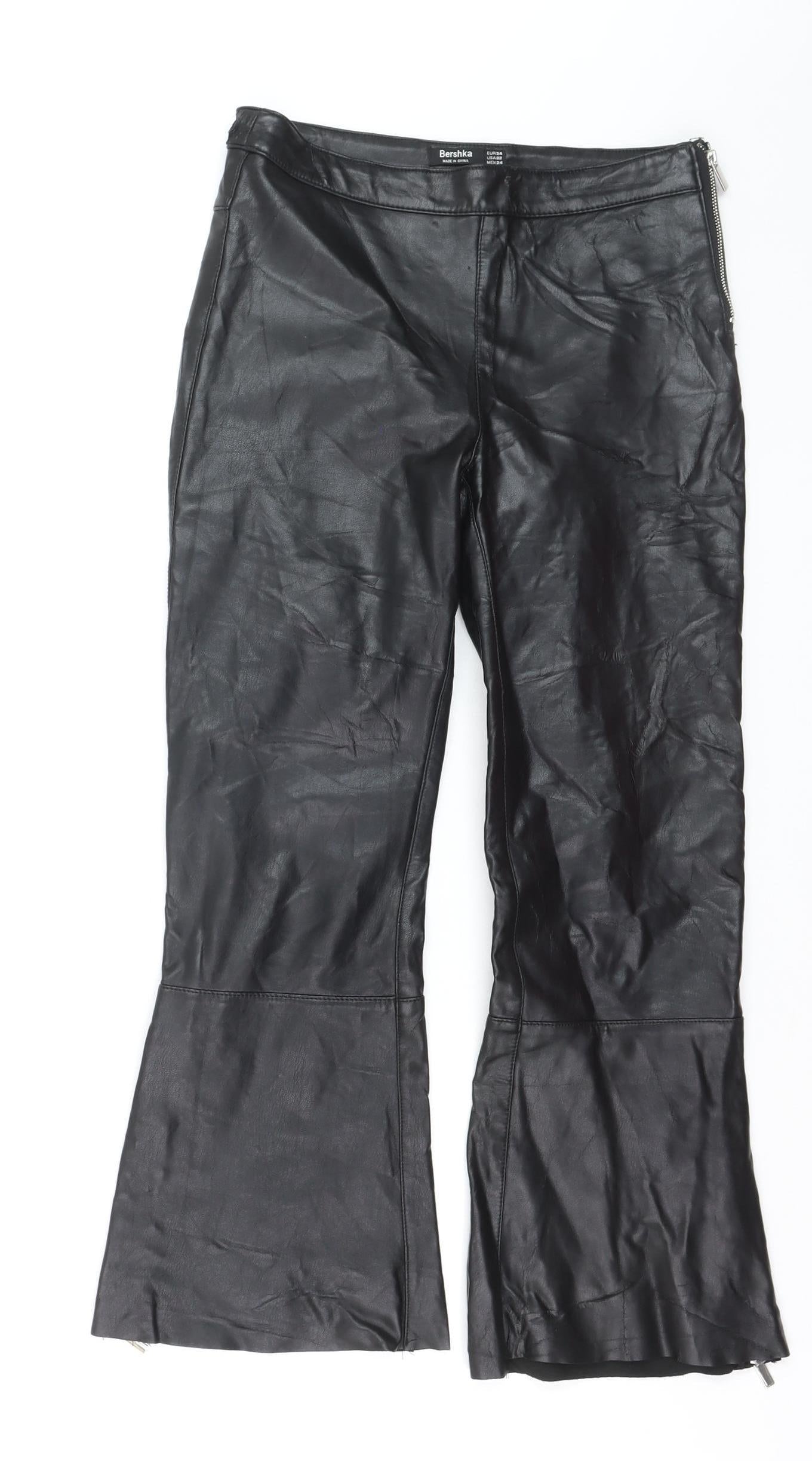 Bershka Women’s Black Faux Leather Flared Trousers Size 6