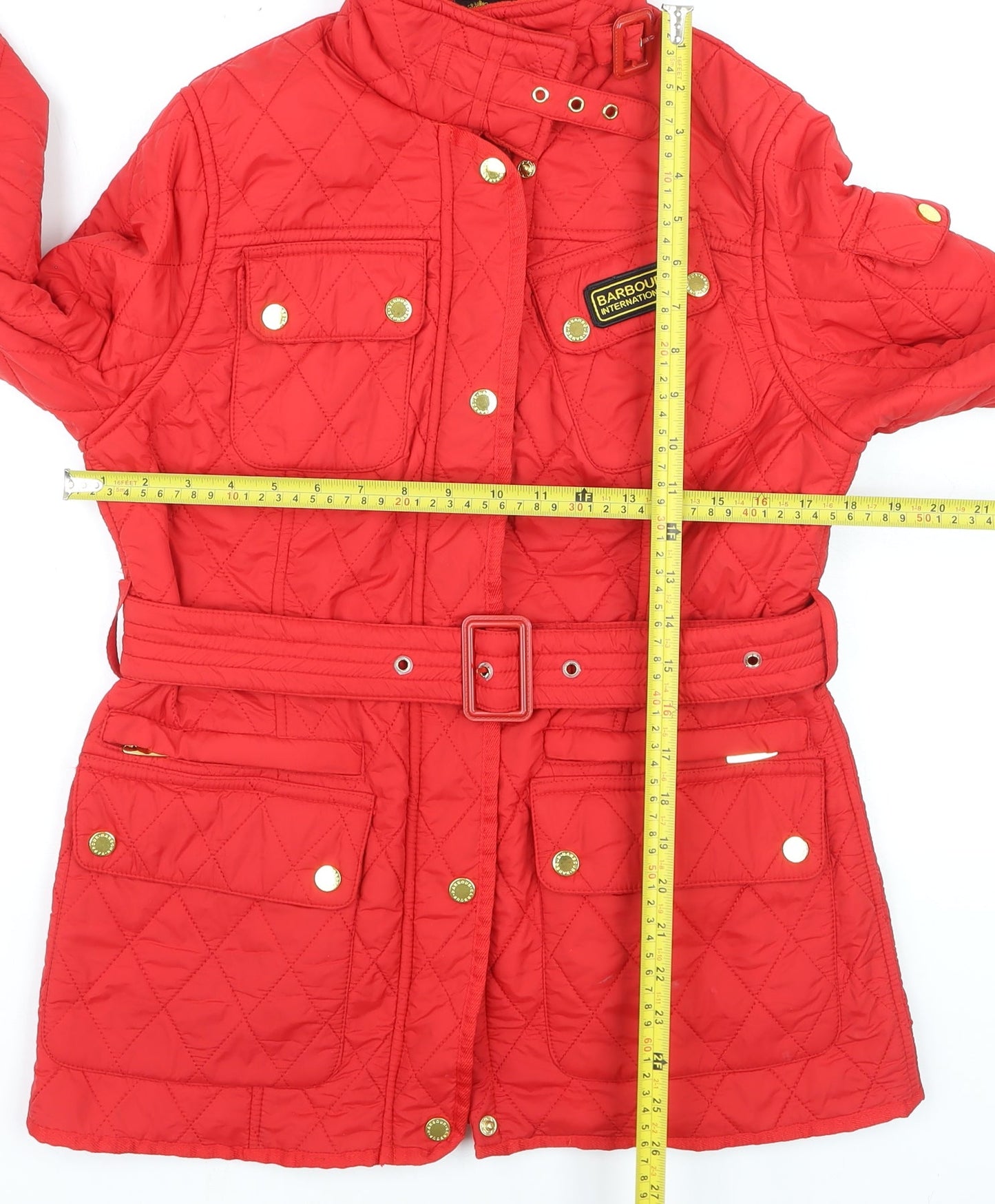 Barbour Women Red Quilted Belted Mid-Length Jacket Size M