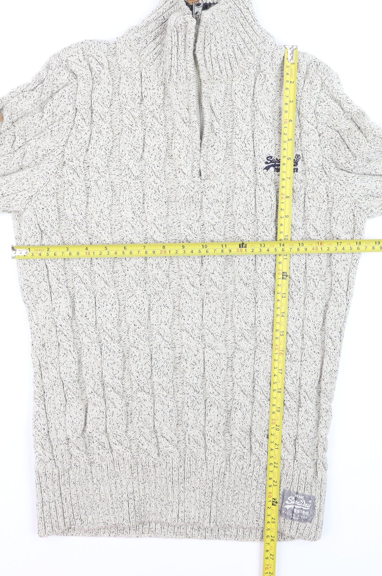 Superdry Men’s Beige Cable Knit 1/4 Zip Jumper L High Neck