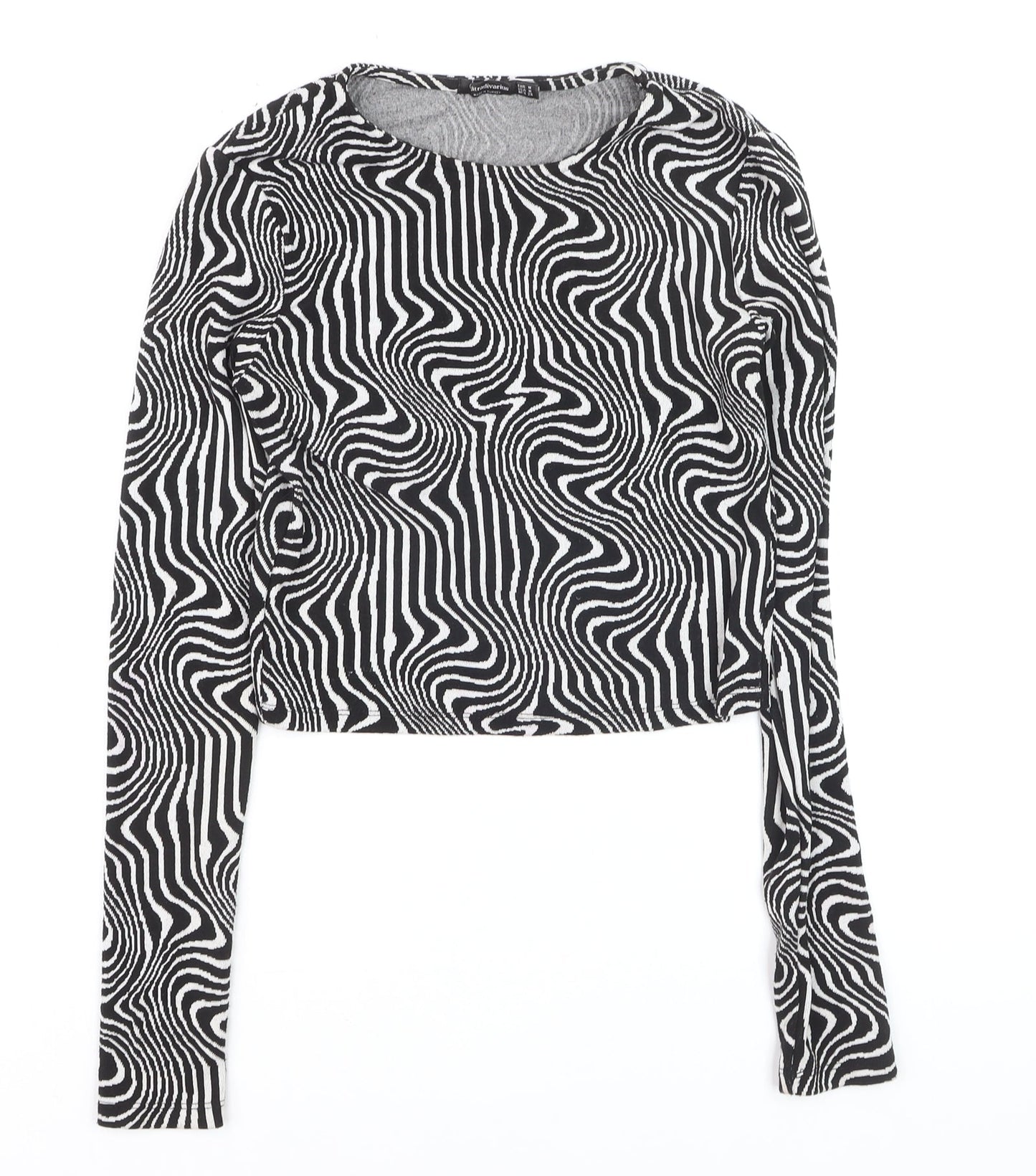 Stradivarius Womens Black Geometric Cropped Long Sleeve Top Size 12