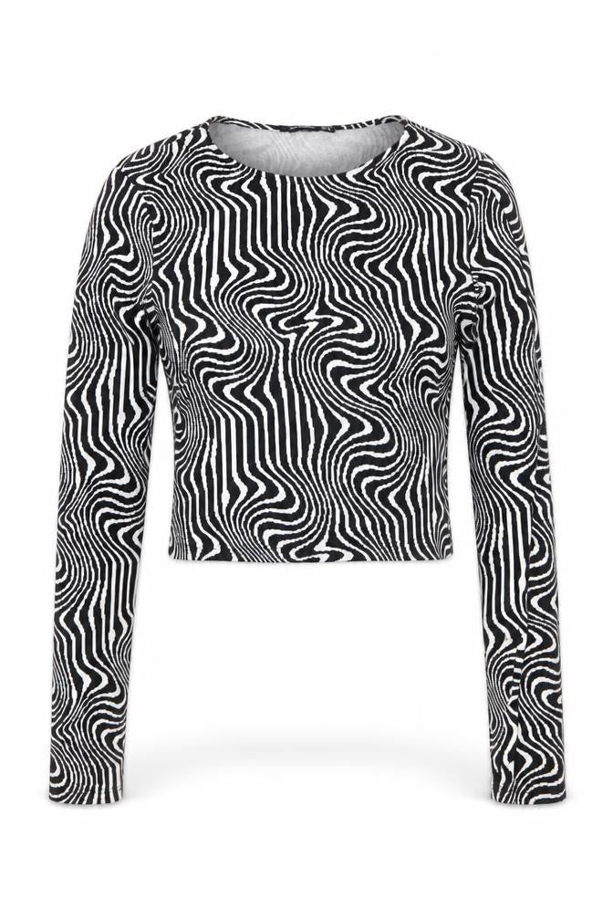 Stradivarius Womens Black Geometric Cropped Long Sleeve Top Size 12