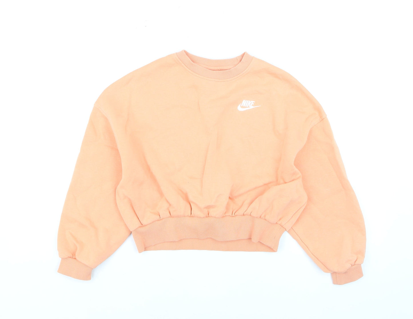 Nike Girls Orange Fleece Pullover Sweatshirt M Logo Crew Neck