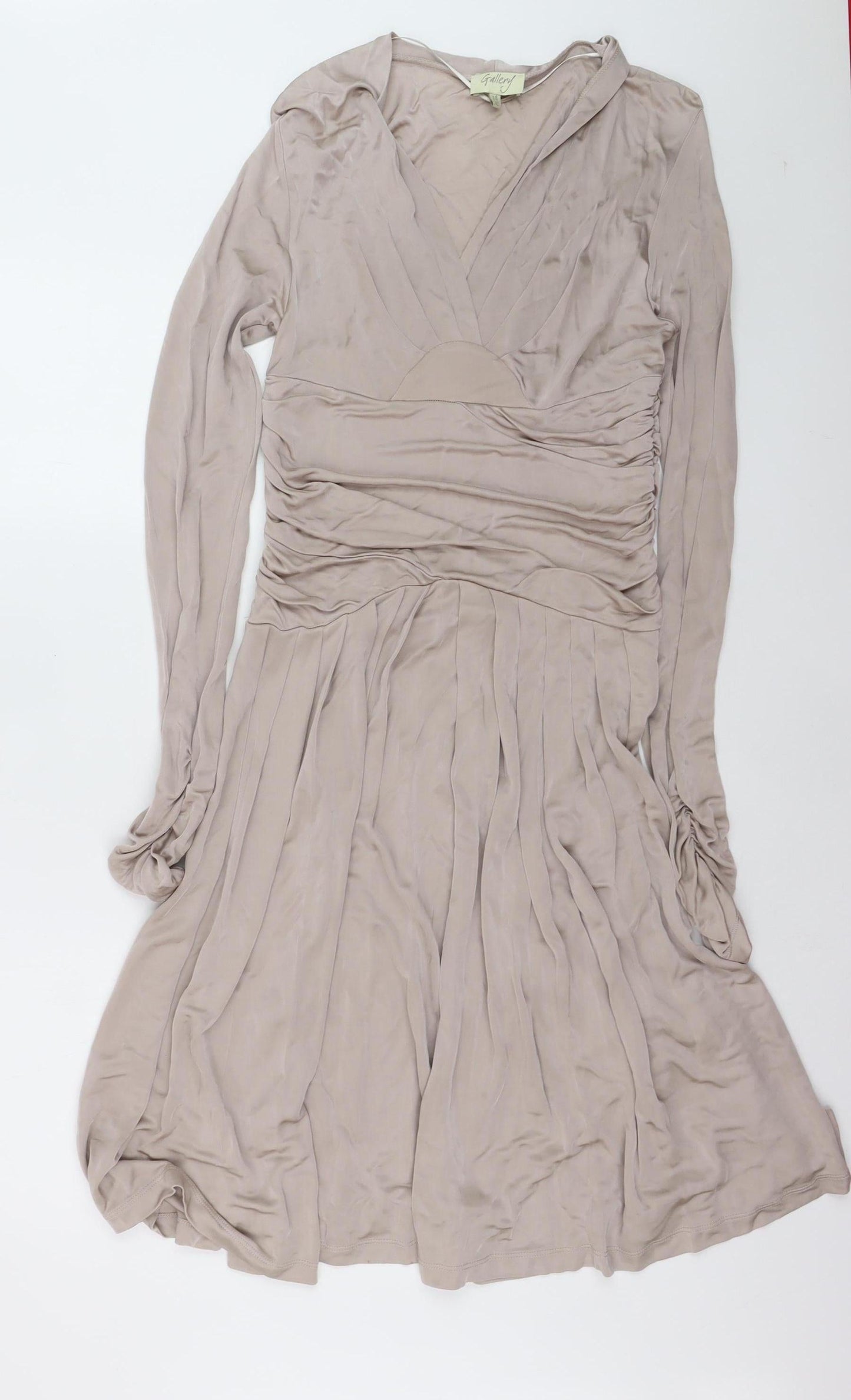Gallery Women's Beige Fit & Flare Long Sleeve V-Neck Dress Size 14