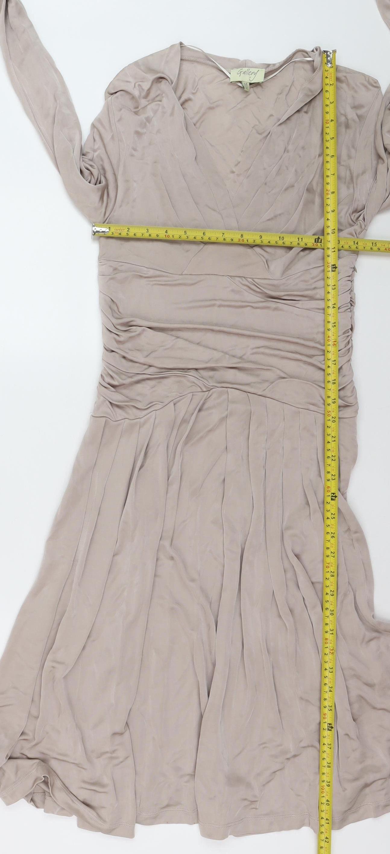 Gallery Women's Beige Fit & Flare Long Sleeve V-Neck Dress Size 14