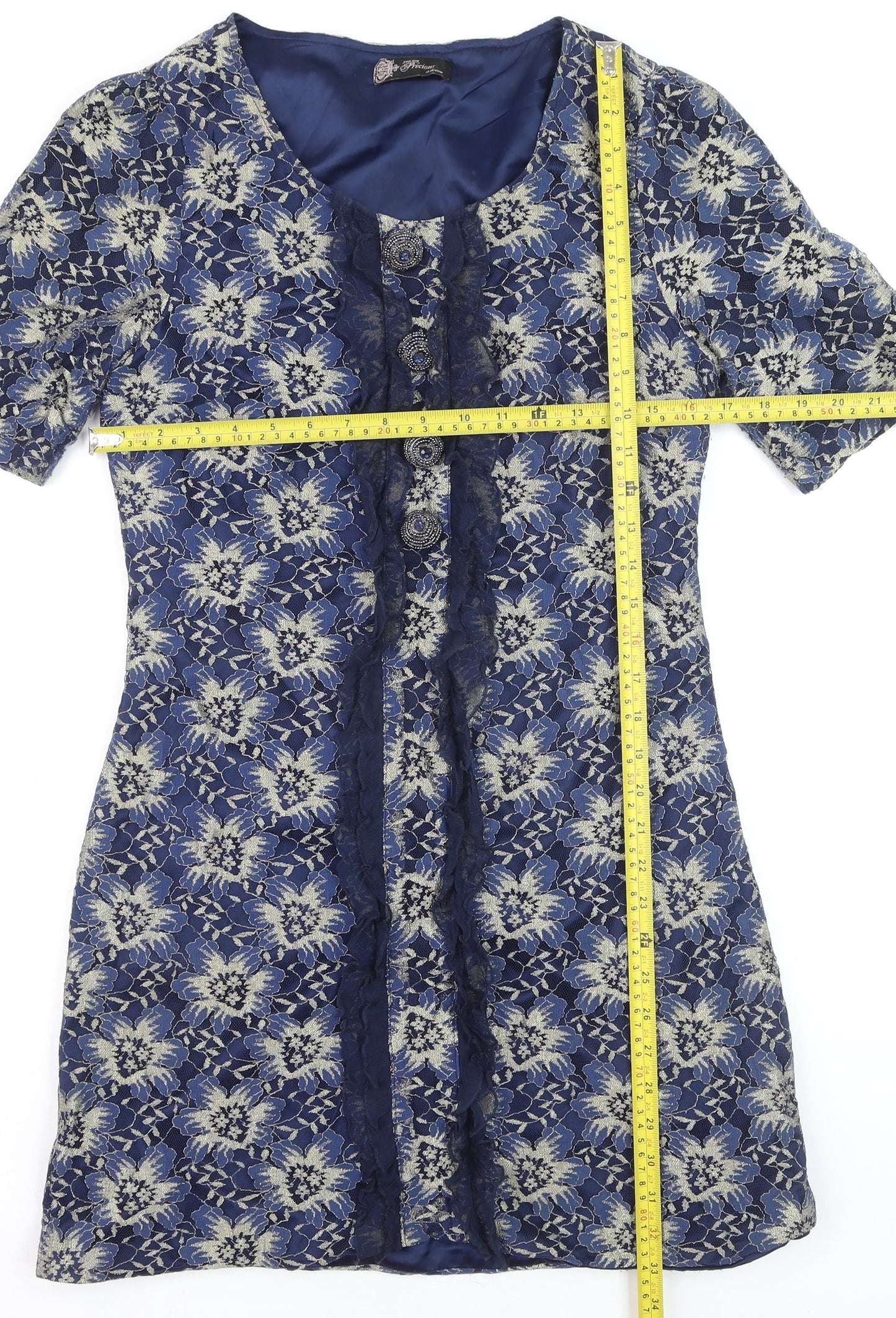 Awear Women Blue Floral Lace Shift Dress Size 14 Short Sleeve