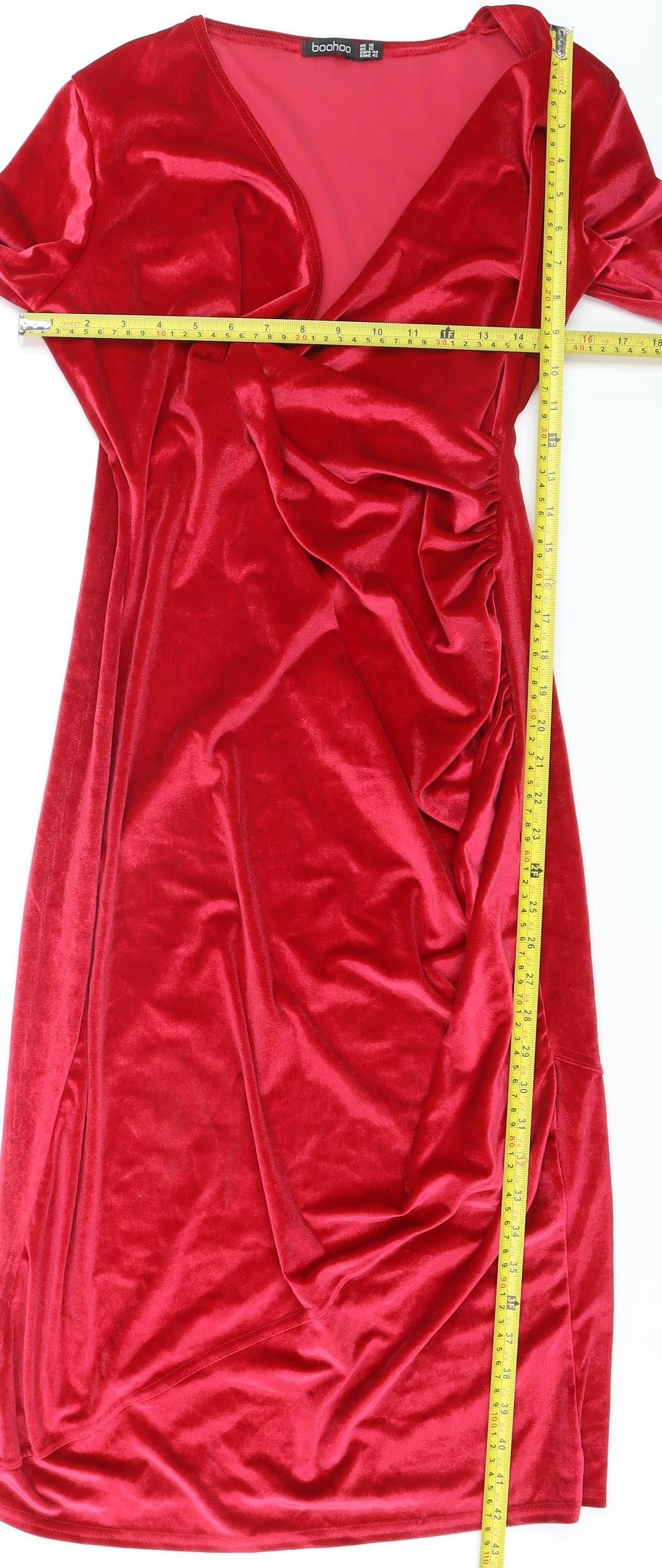 Boohoo Womens Red Velvet Ruched Wrap Dress Size 16 Long Sleeve Party