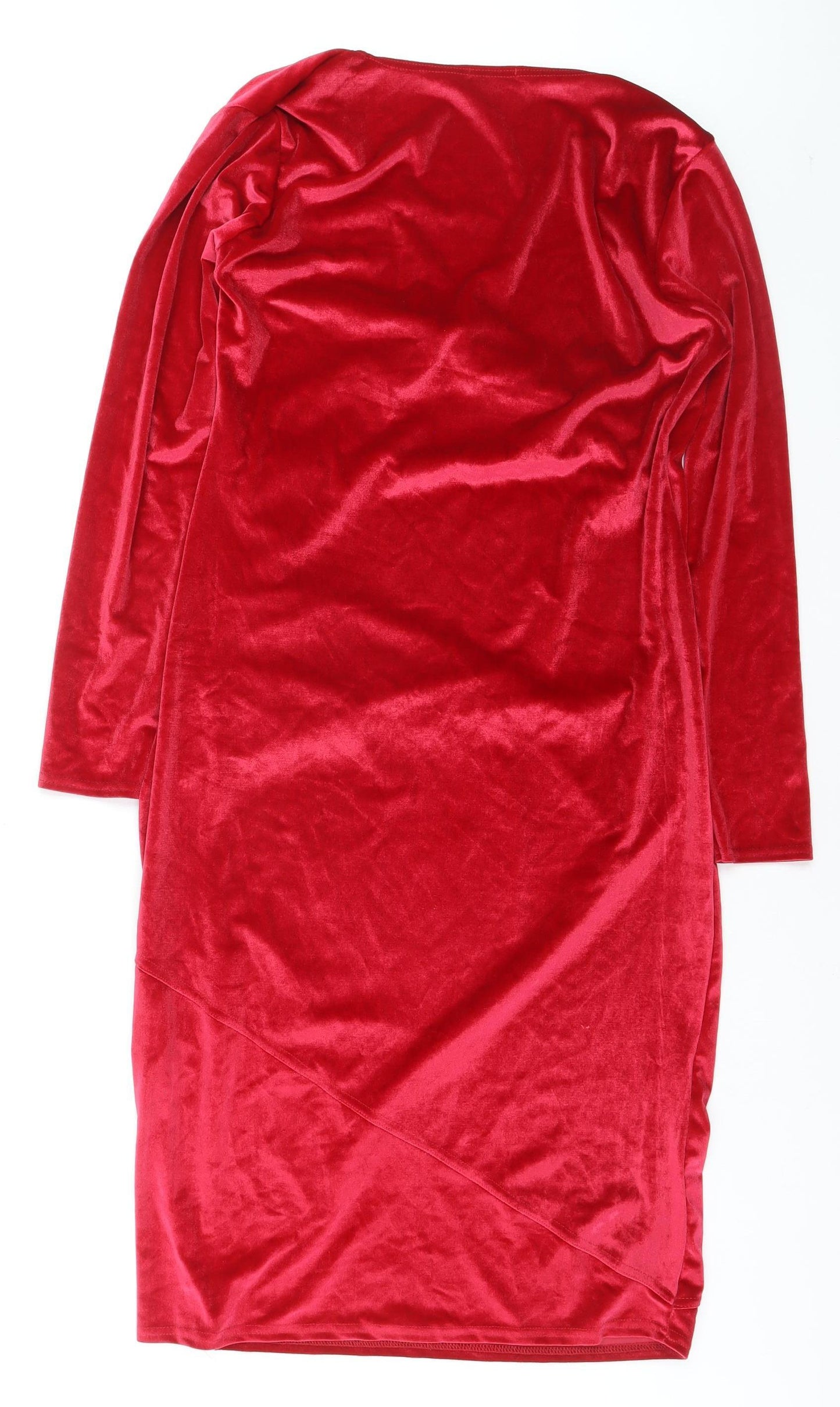 Boohoo Womens Red Velvet Ruched Wrap Dress Size 16 Long Sleeve Party