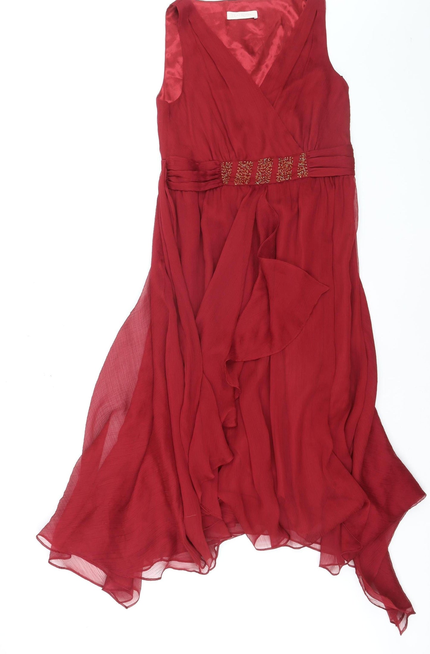 Teatro Women's Red Midi Wrap Dress Size 10 Beaded Chiffon