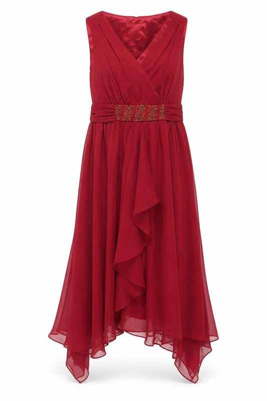 Teatro Women's Red Midi Wrap Dress Size 10 Beaded Chiffon