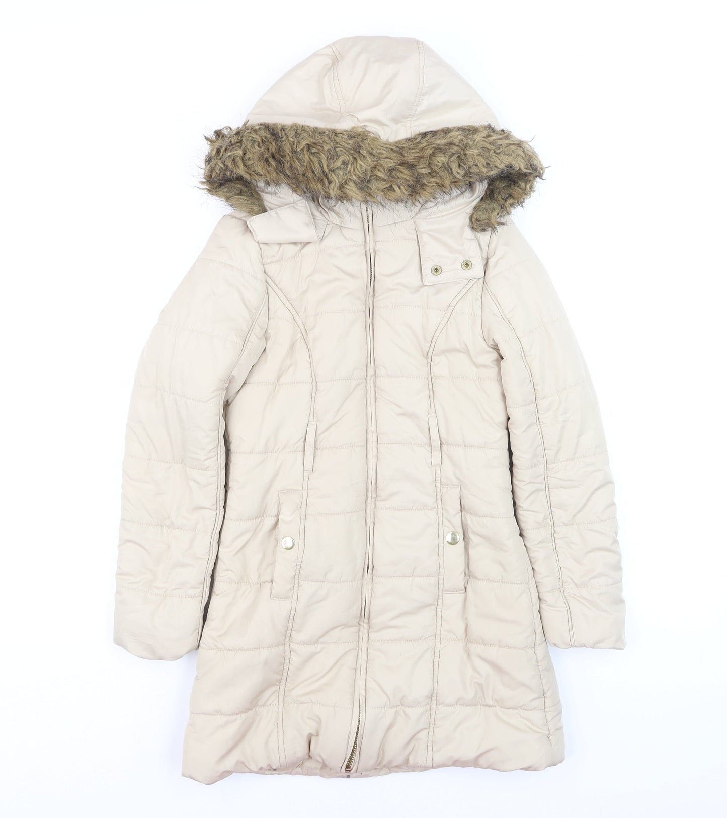 Dunnes Stores Teens Beige Long Puffer Coat Hooded Faux Fur Trim Size 8