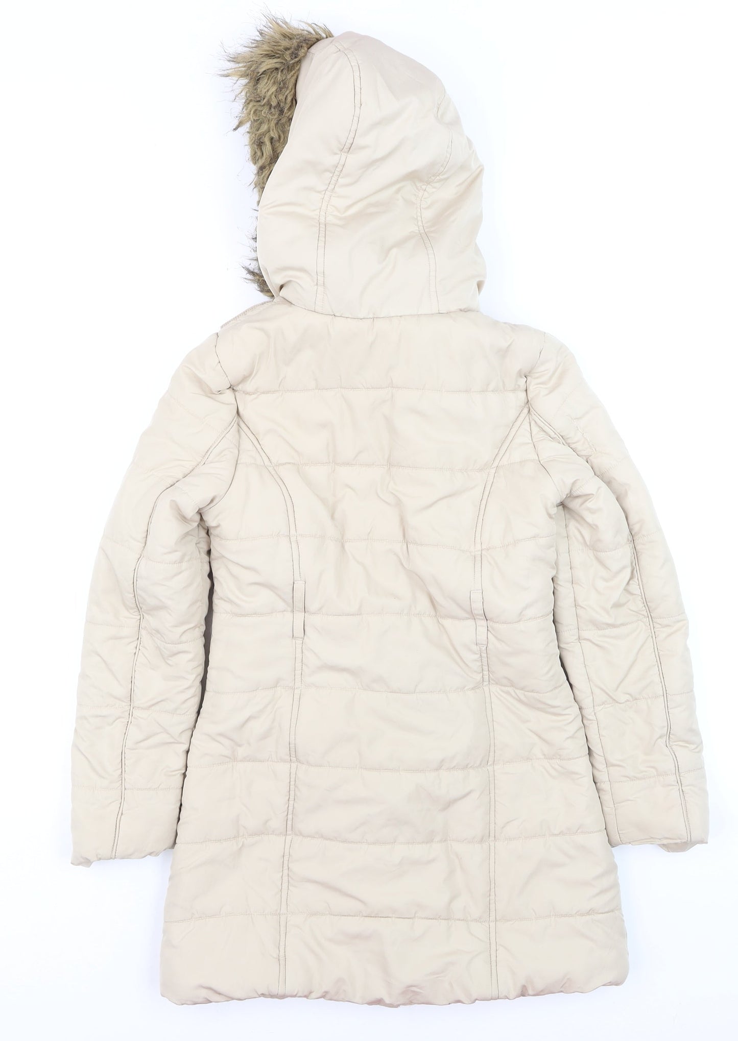 Dunnes Stores Teens Beige Long Puffer Coat Hooded Faux Fur Trim Size 8