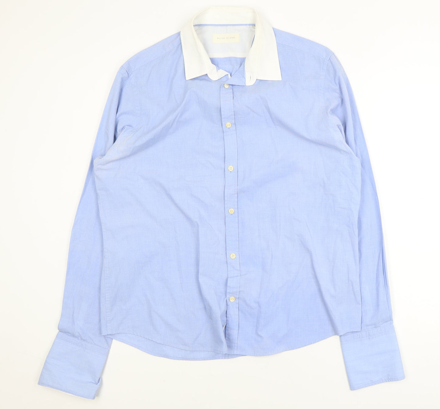 River Island Men's Blue XL Long Sleeve Collared Polo Shirt