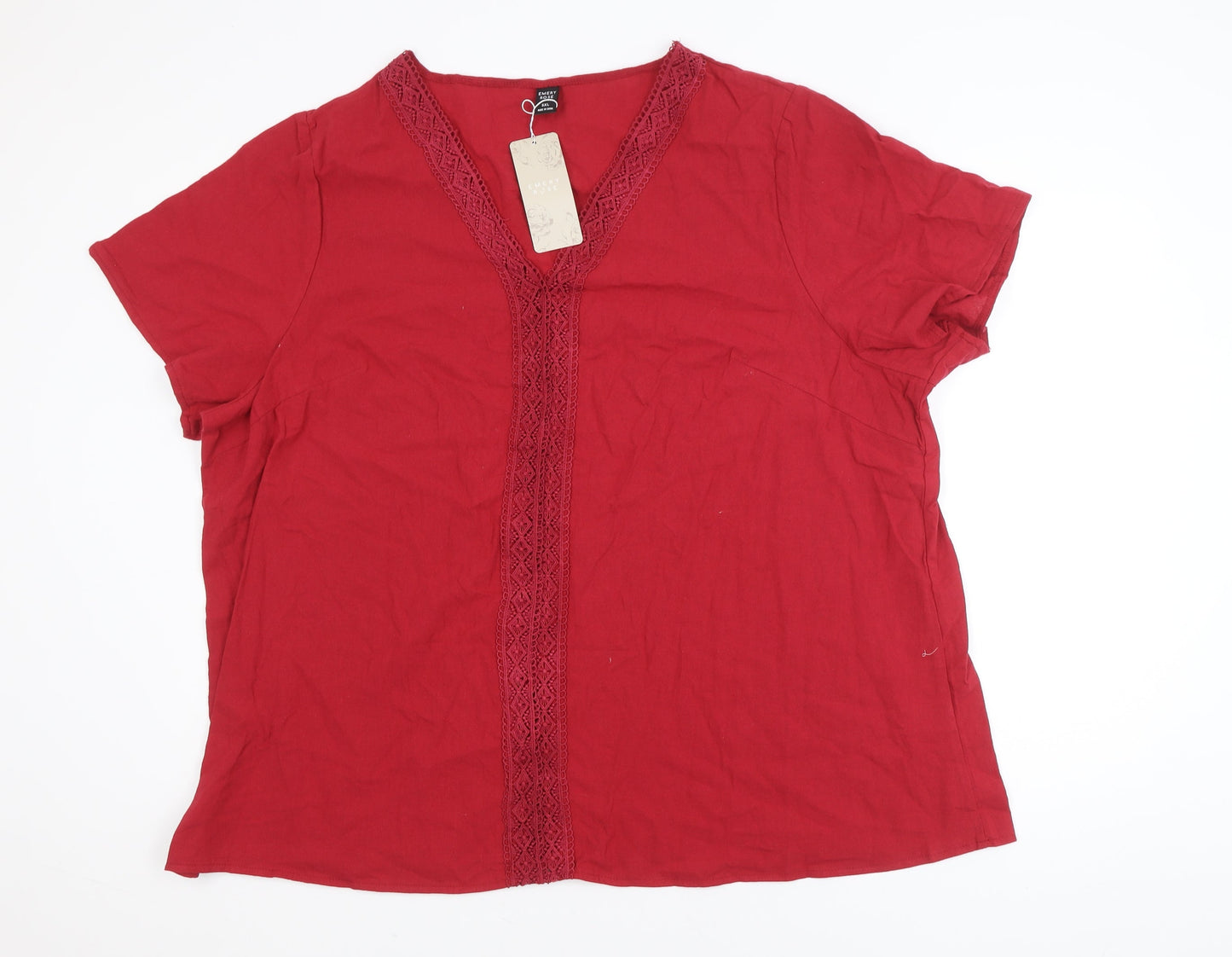 Emery Rose Women's Red 5XL V-Neck Crochet Detail Cotton Tunic Blouse