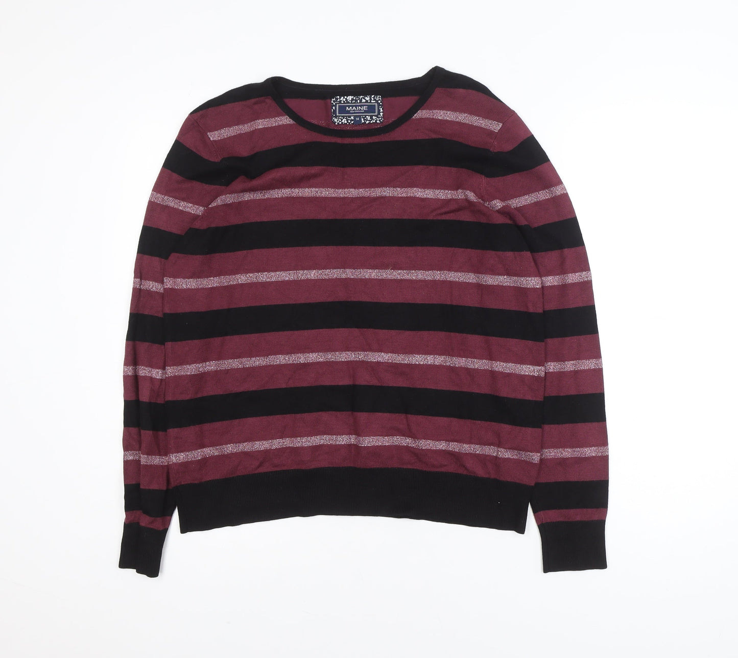 Maine New England Women’s Burgundy & Black Striped Crew Neck Jumper Size 14