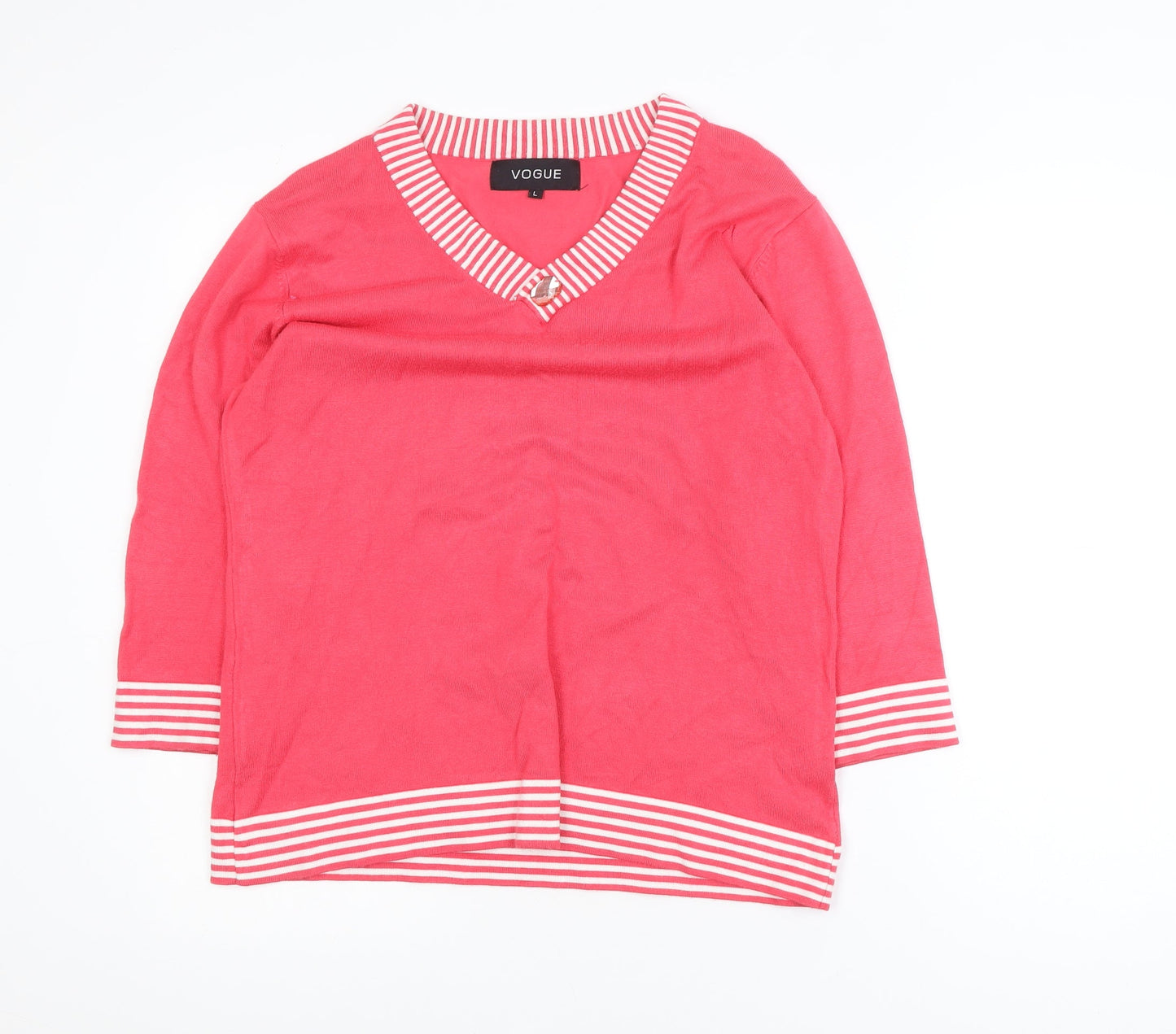 Vogue Womens Pink 3/4 Sleeve V-Neck Pullover Jumper L
