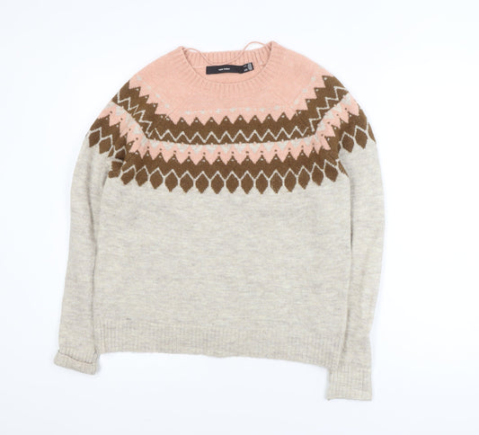Vero Moda Women's Beige Fair Isle Wool Blend Knit Jumper Size S