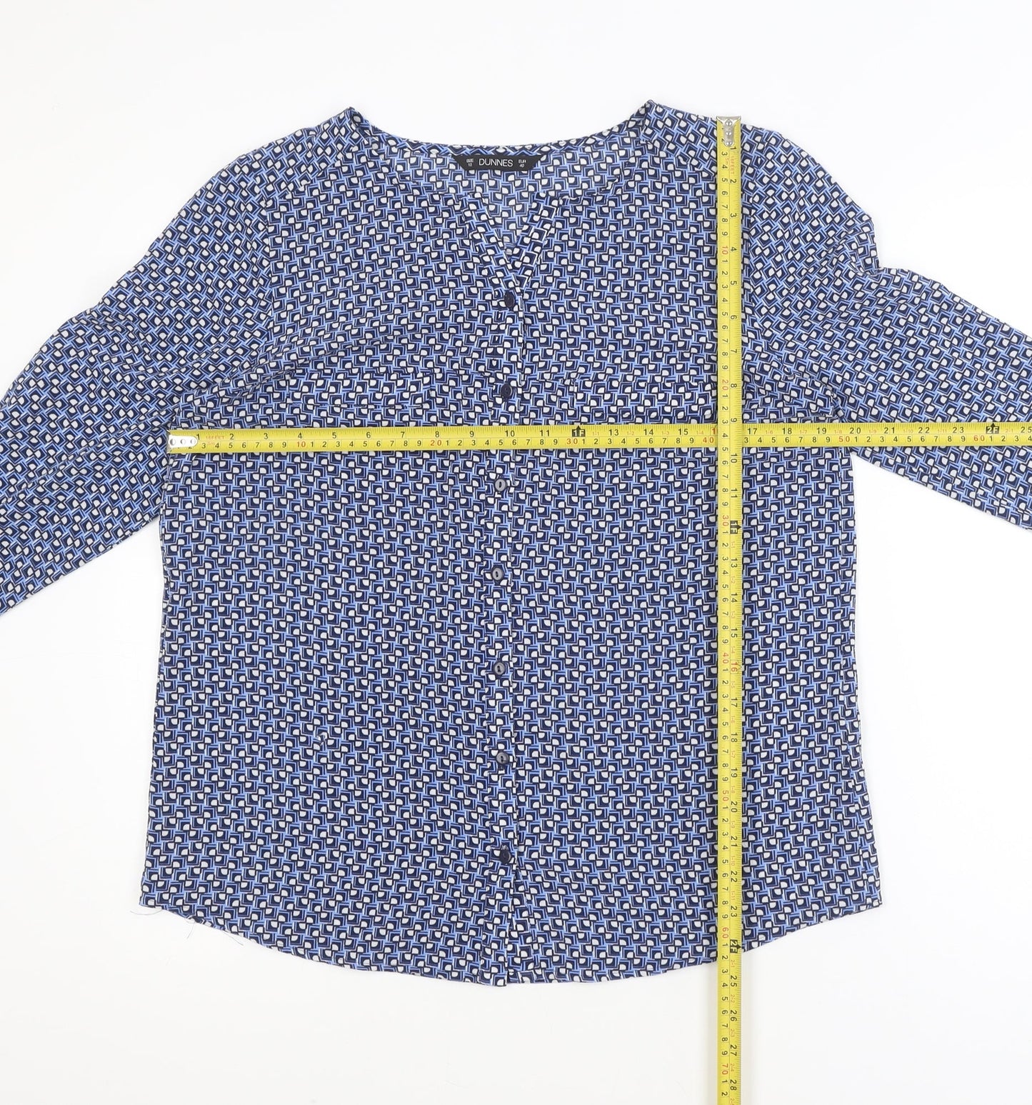 Dunnes Women Blue Geometric Long Sleeve V-Neck Blouse Size 12