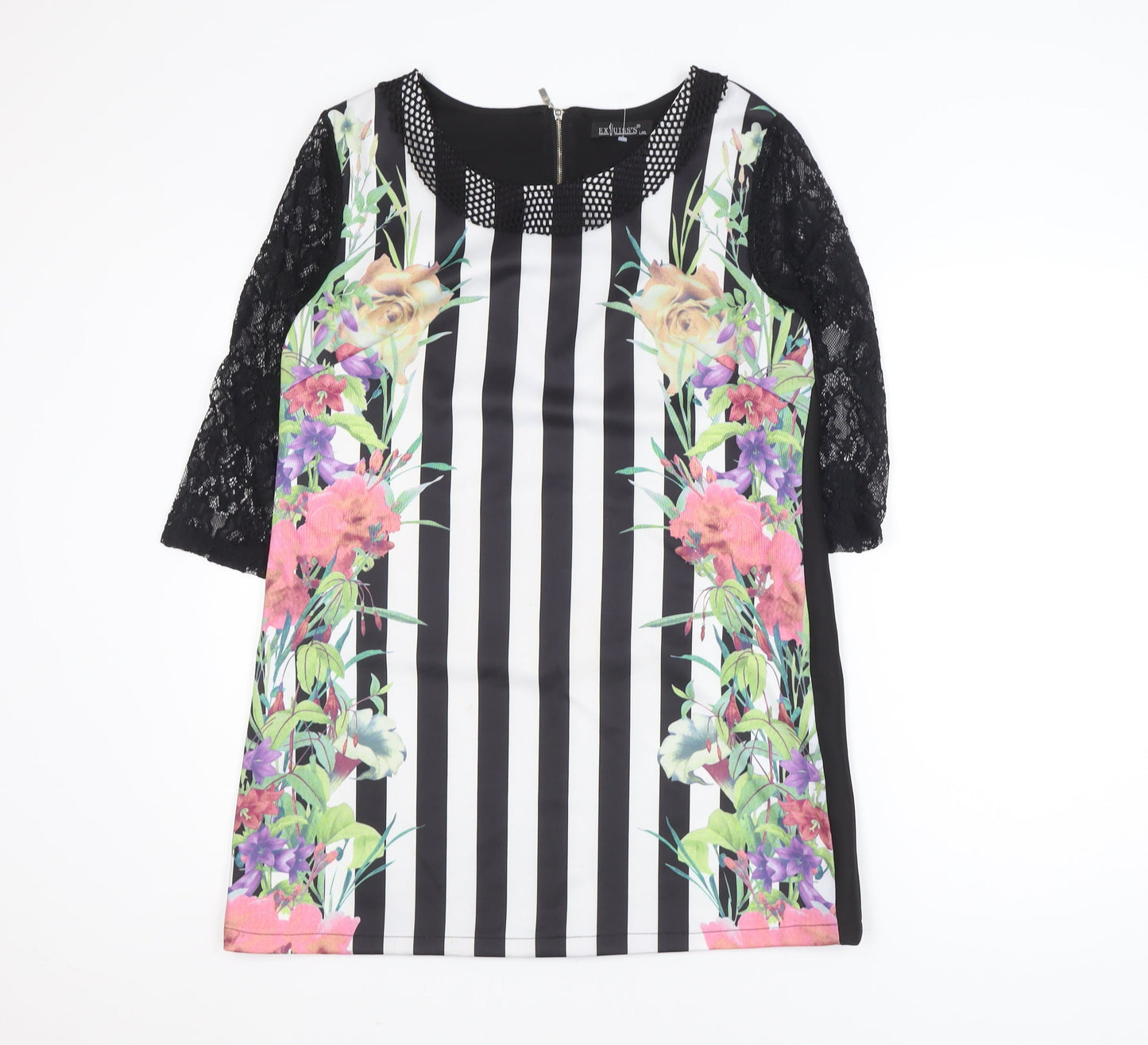 EXJUISS'S Women Black Floral Striped Lace Shift Dress L Knee Length