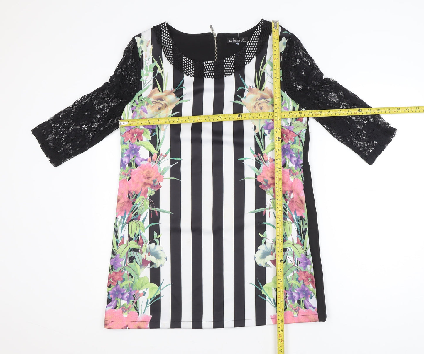 EXJUISS'S Women Black Floral Striped Lace Shift Dress L Knee Length
