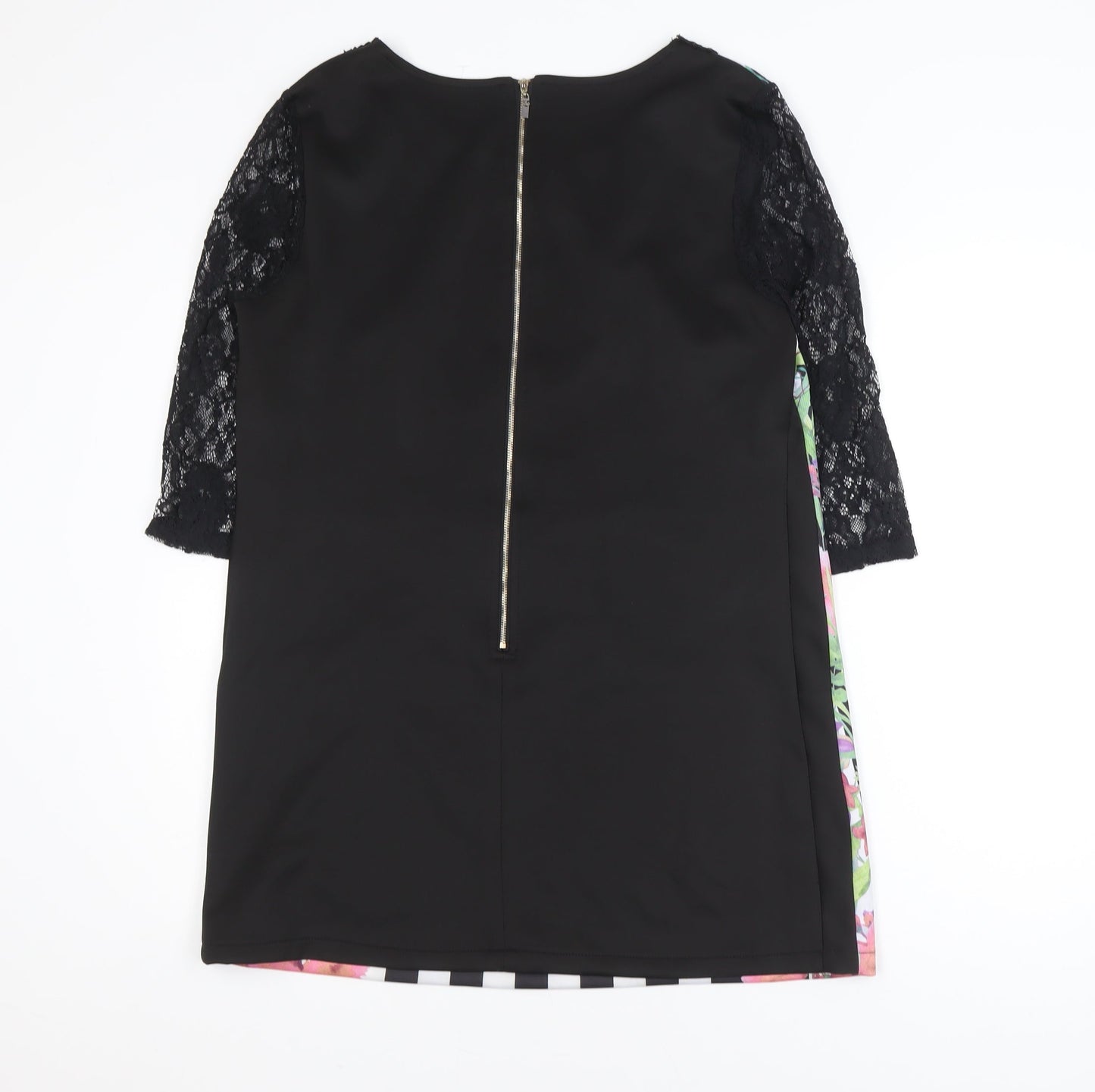 EXJUISS'S Women Black Floral Striped Lace Shift Dress L Knee Length