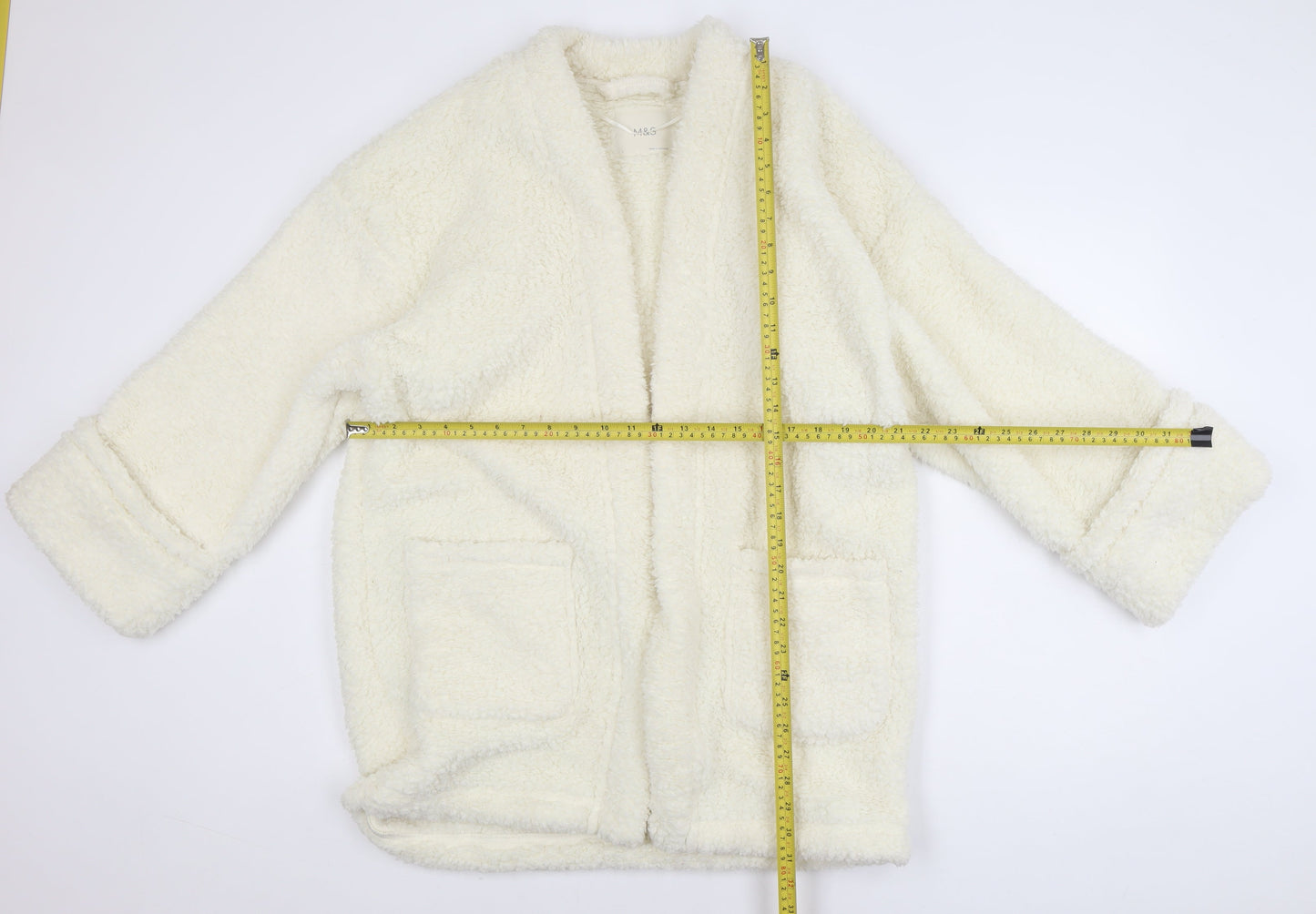 Marks and Spencer Women Ivory Fleece Coatigan L Relaxed Fit Open Front