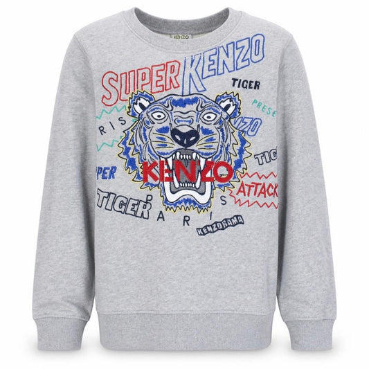 Front view of Kenzo Kids Grey Embroidered Tiger Sweatshirt boys’ 14 years regular fit