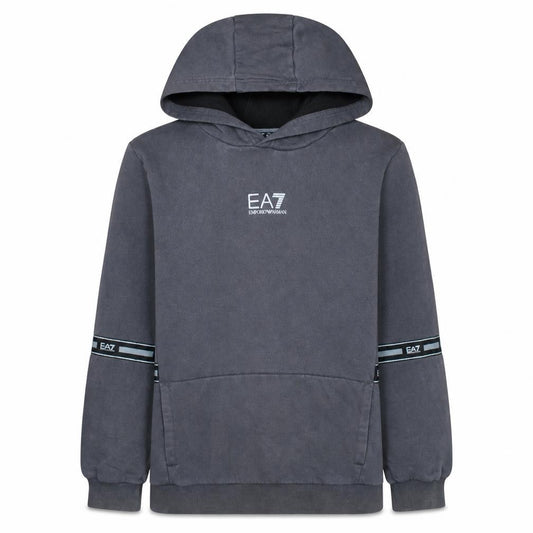 Front view of Emporio Armani EA7 boys’ grey pullover hoodie 14 years cotton blend logo style