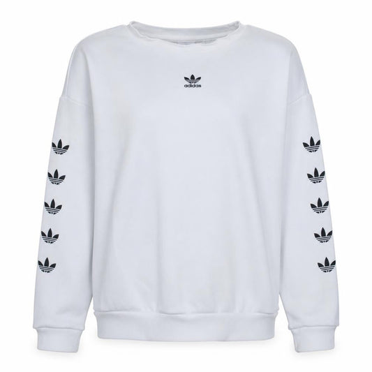Front view of Adidas women’s white relaxed fit crew neck logo sweatshirt xs