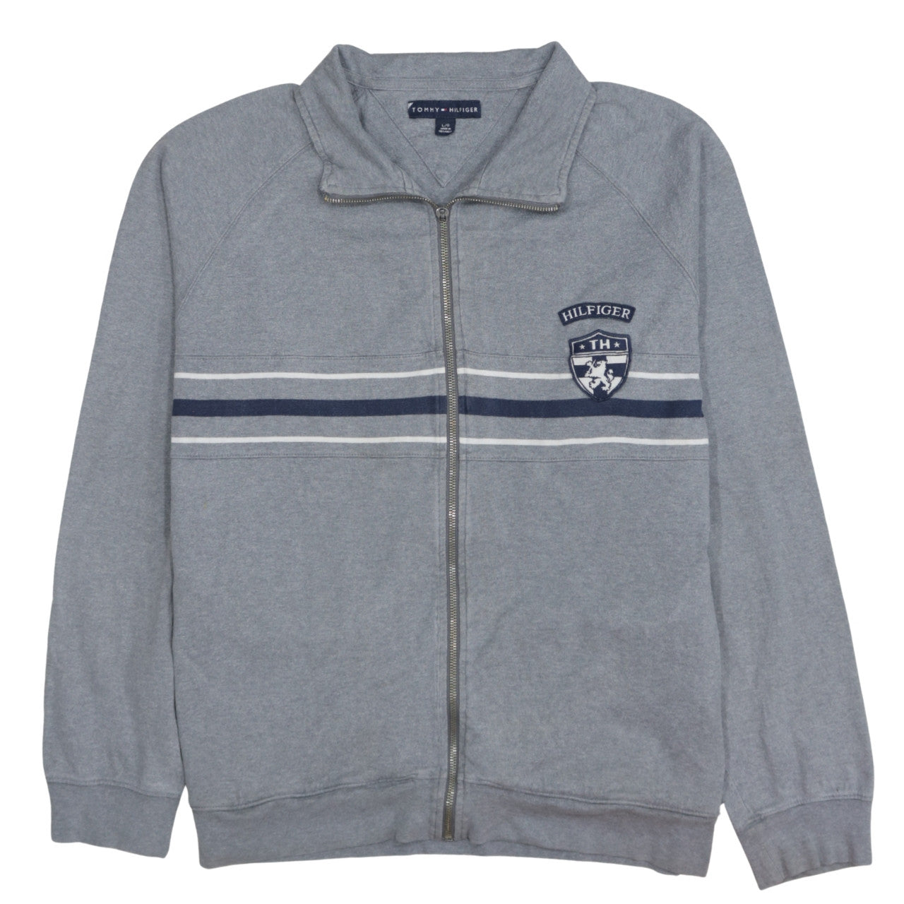 Tommy Hilfiger Men's Grey Full Zip Sweatshirt L Logo Striped Cotton