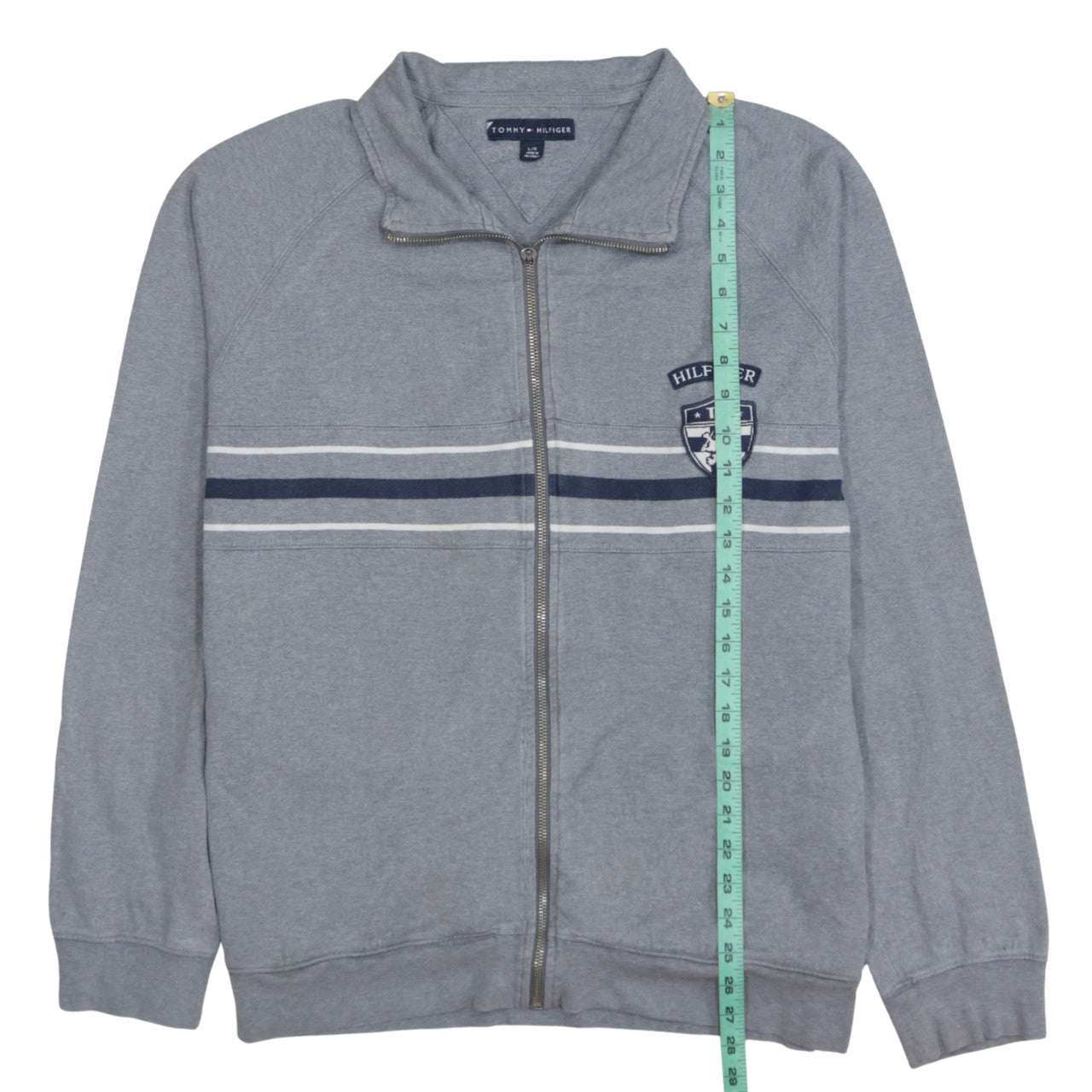 Tommy Hilfiger Men's Grey Full Zip Sweatshirt L Logo Striped Cotton