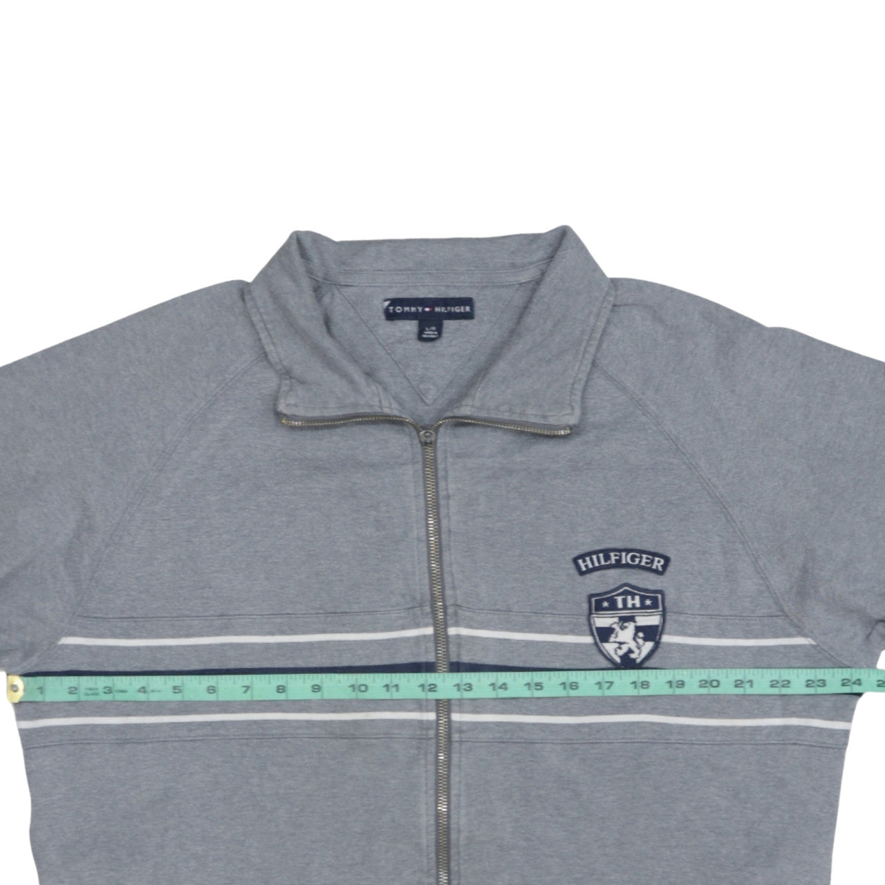 Tommy Hilfiger Men's Grey Full Zip Sweatshirt L Logo Striped Cotton